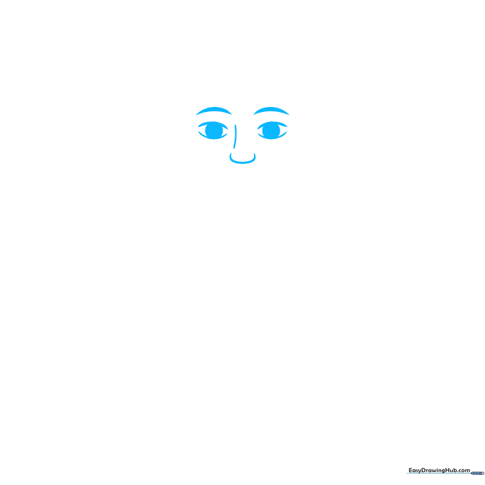 Close-up sketch of a cartoon face showing eyes, eyebrows, and nose placement.