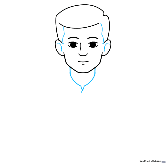 Adding hair texture and neck structure to the character drawing.