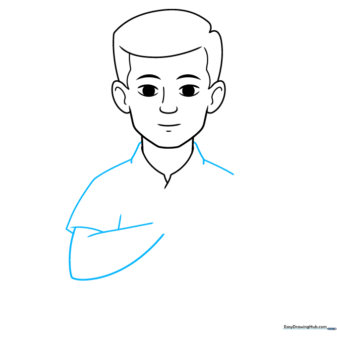 Drawing the shoulders and upper arm structure of the character.