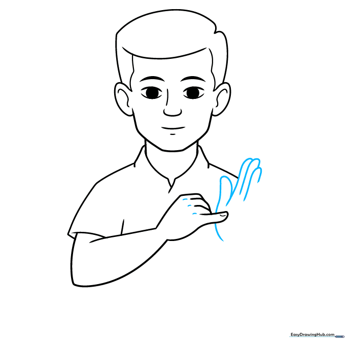 Drawing the second hand interacting with the first to complete the sign.