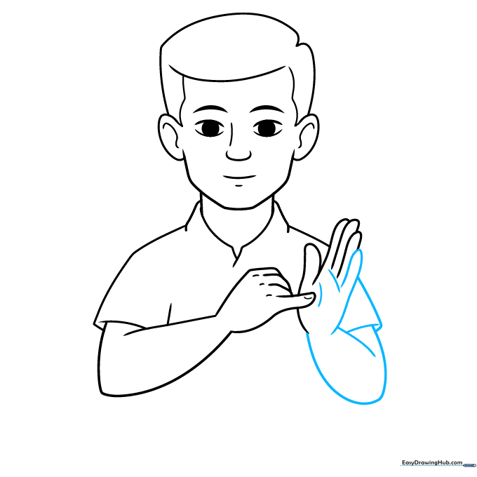 Refining the hand and arm anatomy with contour lines.