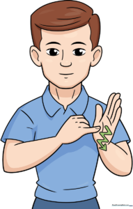 A colorful, finished illustration of a person demonstrating the sign for 'draw' in American Sign Language.