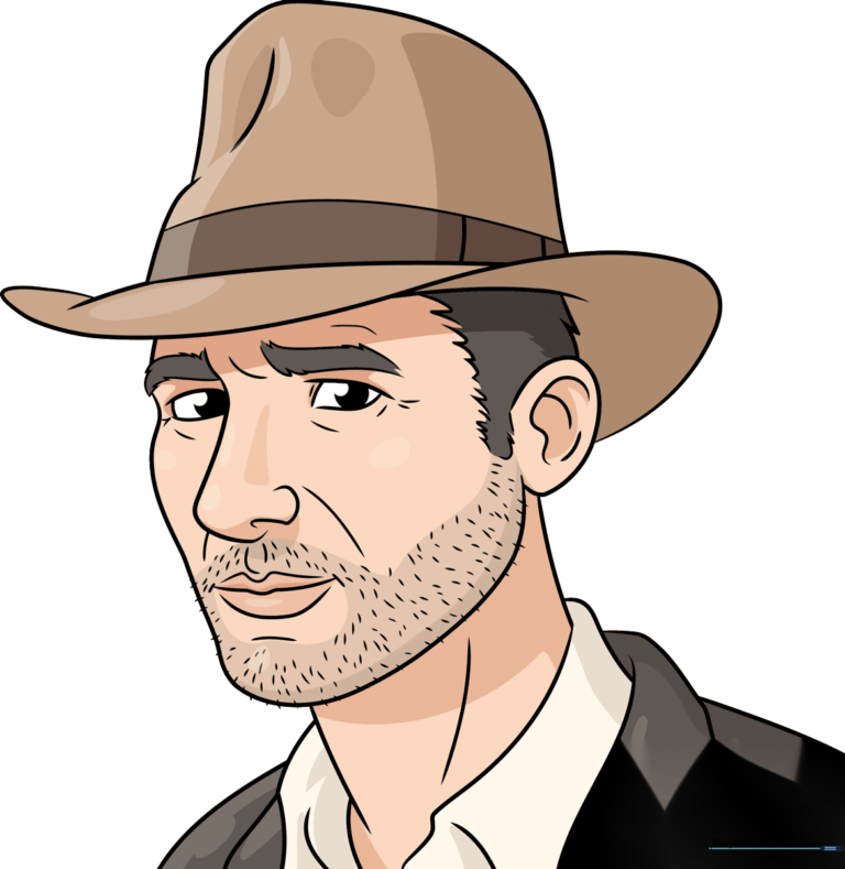 A high-quality, finished portrait of Indiana Jones, showcasing the final drawing result.