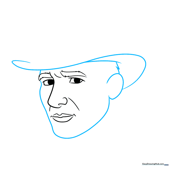Drawing showing the outline of the jawline and the initial shape of the fedora brim.