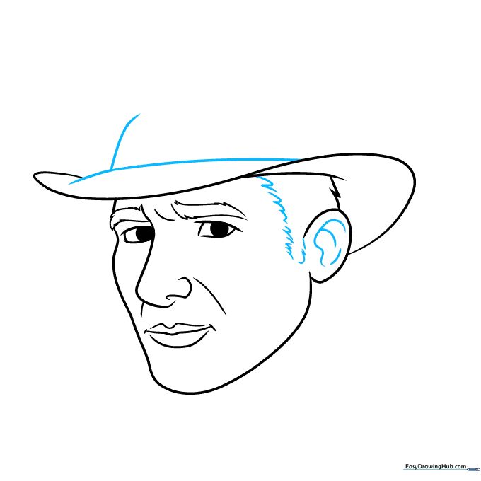 Detailed sketch of the ear and the crown of the fedora hat.