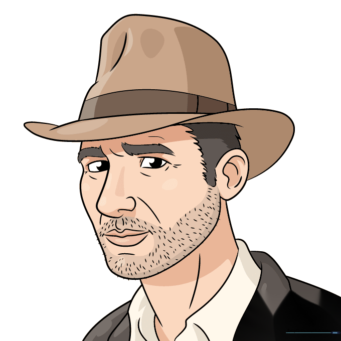 The finished, colored portrait of Indiana Jones wearing his signature hat.
