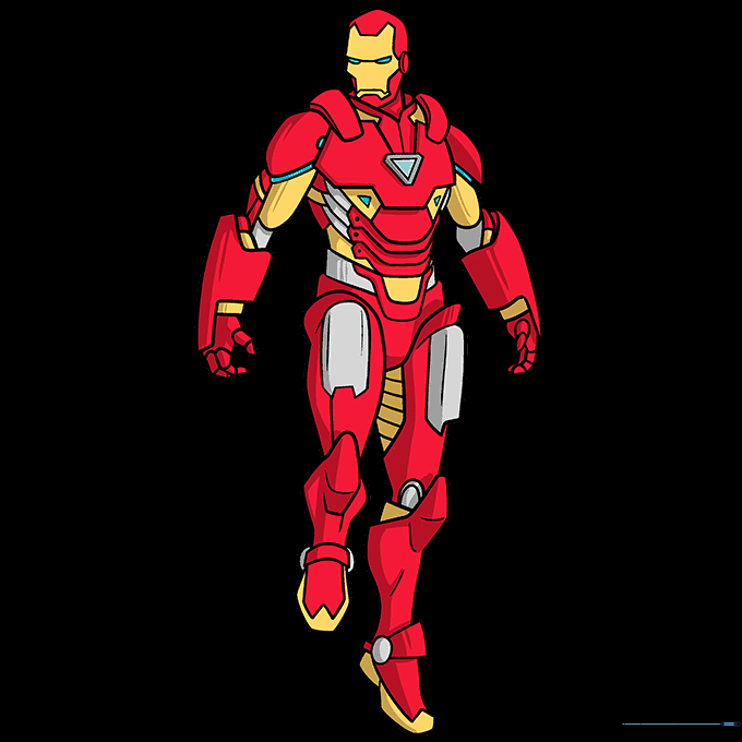 The finished, colored Iron Man drawing featuring red, yellow, and silver armor.