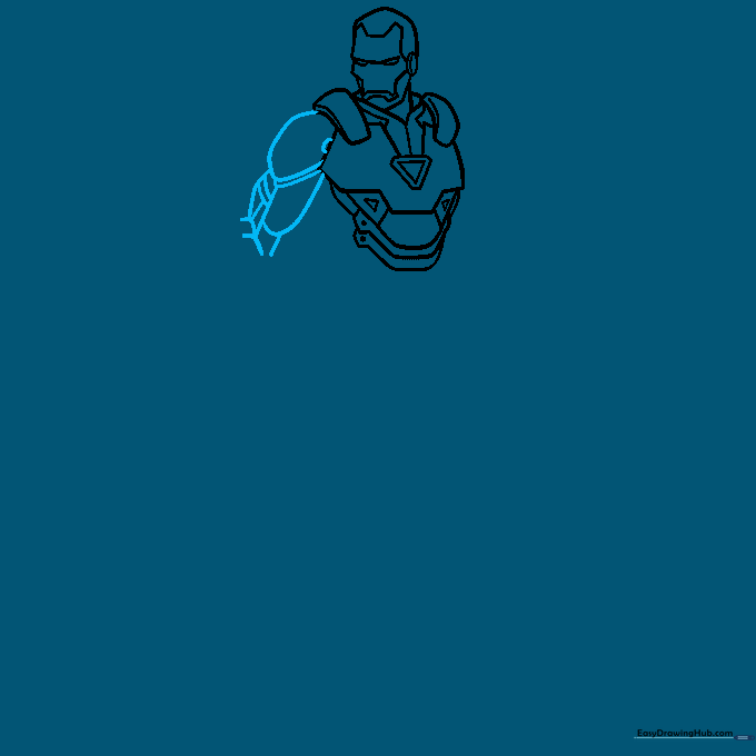 Detailed sketch of Iron Man's right arm showing layered armor plates.