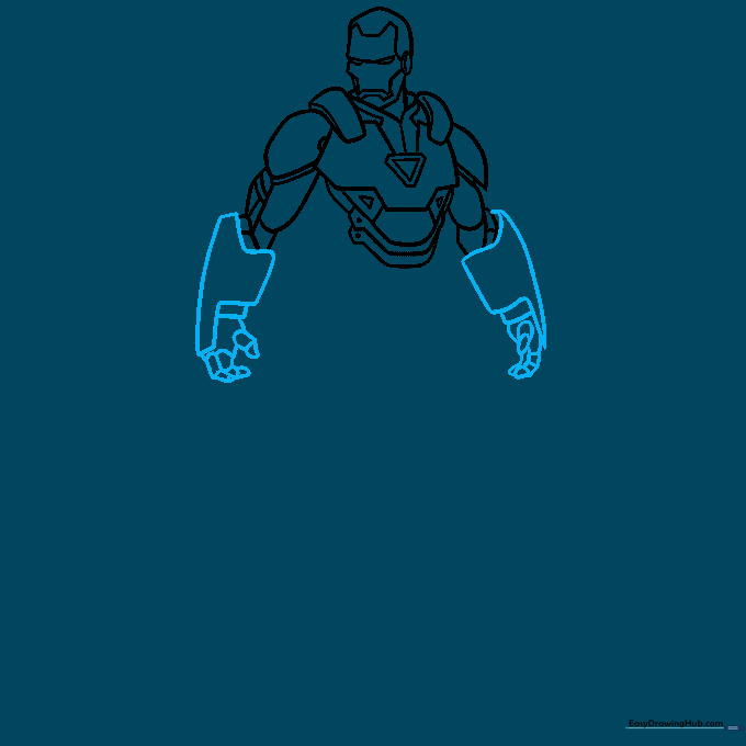 Drawing the gauntlets and hands on the Iron Man character.
