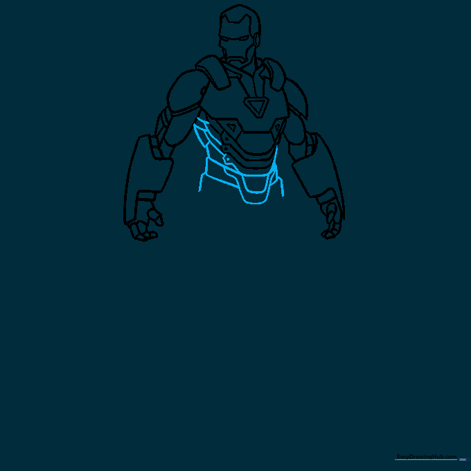 Adding torso armor details and side panels to the Iron Man drawing.