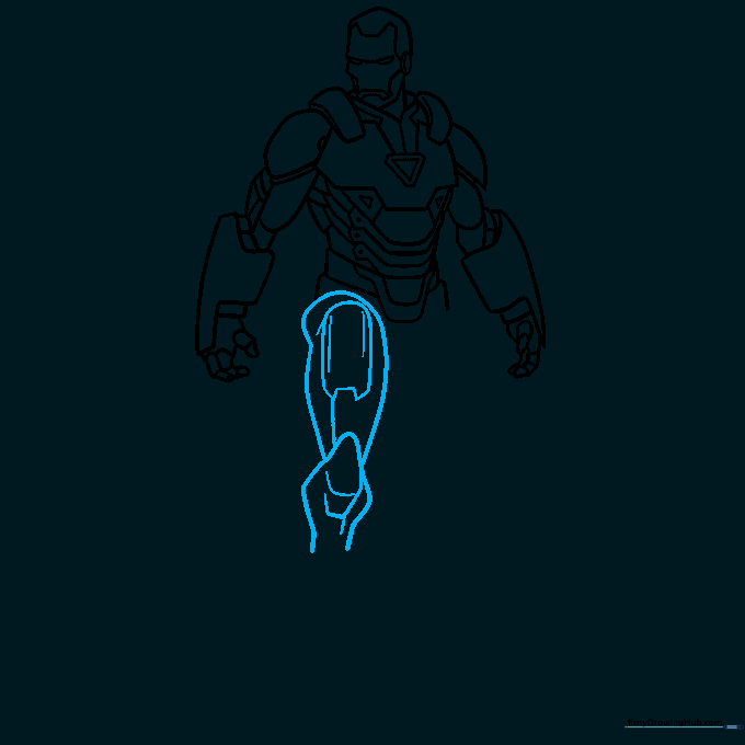 Sketching the first leg of the Iron Man suit with knee joint detail.
