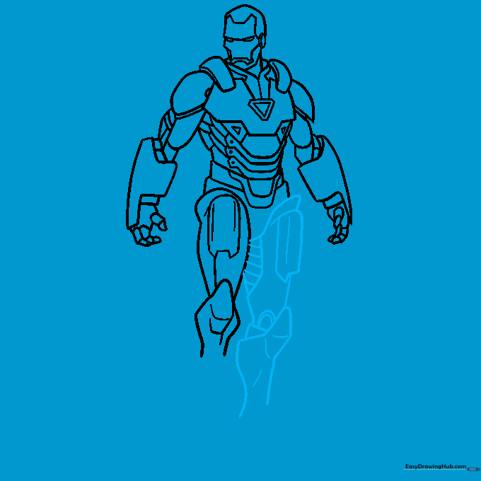Adding the second leg to the Iron Man drawing to complete the lower body.