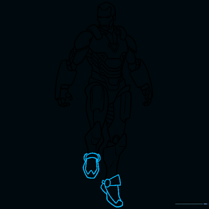 Finalizing the Iron Man drawing by adding the boots and flight-ready feet.