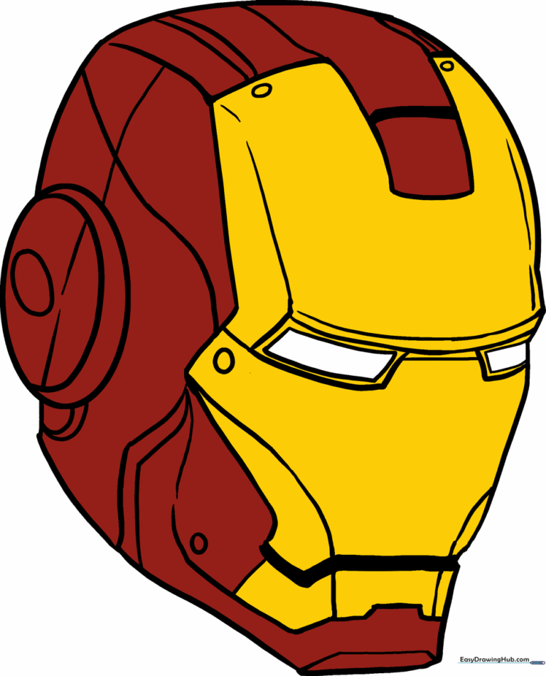 A vibrant, finished drawing of Iron Man's mask, showcasing the red and gold color scheme.