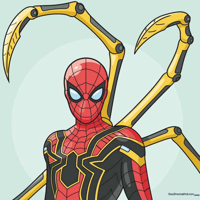 Fully colored Iron Spider illustration with red, black, and gold armor