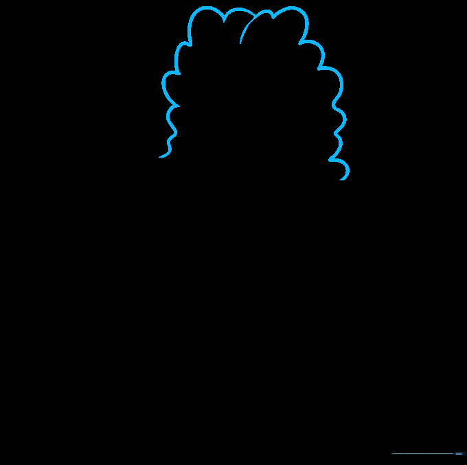 Detailed sketch of the curly wig with a central part line.