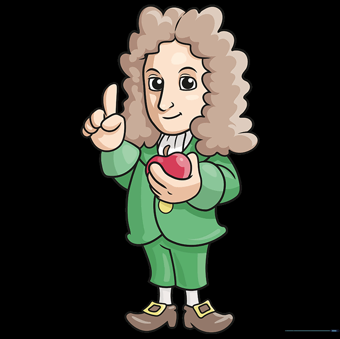 The finished, colored cartoon illustration of Isaac Newton holding an apple.