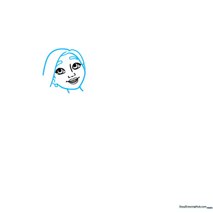 Drawing the outline of Isabela's hair and ears added to the face sketch.
