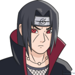 Finished illustration of Itachi Uchiha, showcasing clean anime line art and vibrant coloring.