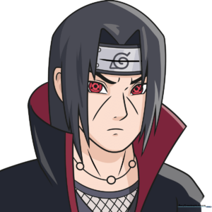 Finished illustration of Itachi Uchiha, showcasing clean anime line art and vibrant coloring.