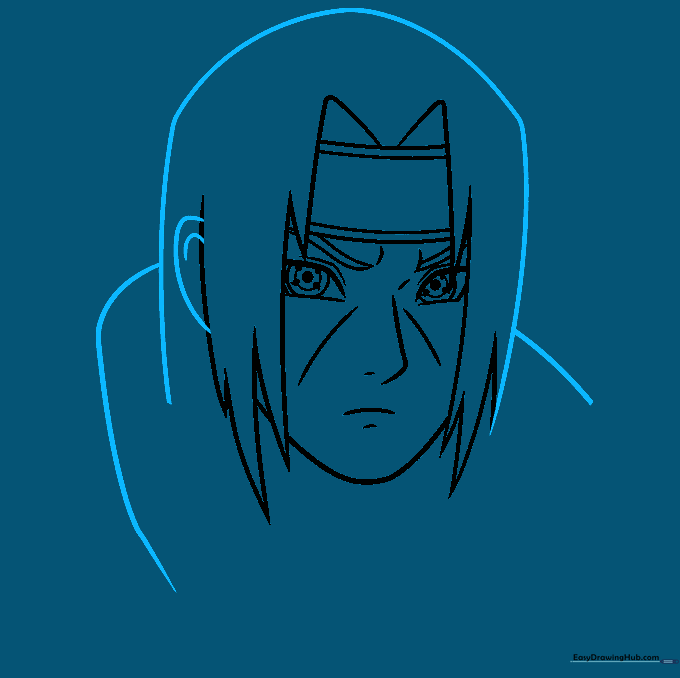Sketching the top of the head, ear, and the high collar of the Akatsuki cloak.