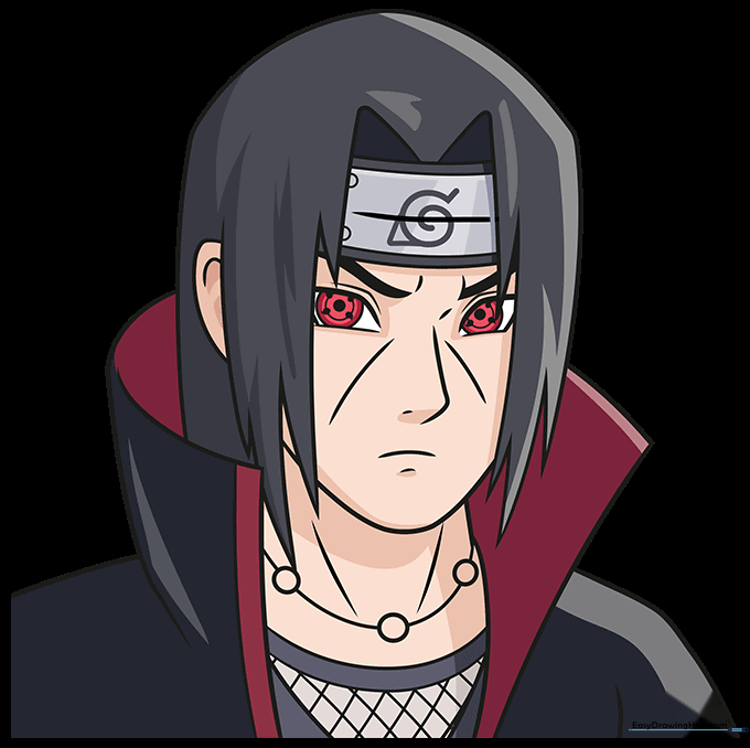 The final colored Itachi drawing with black hair and red cloak details.