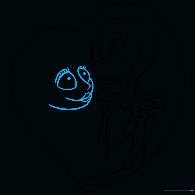 Sketching the facial features of Sally, including her large eyes and eyelashes.