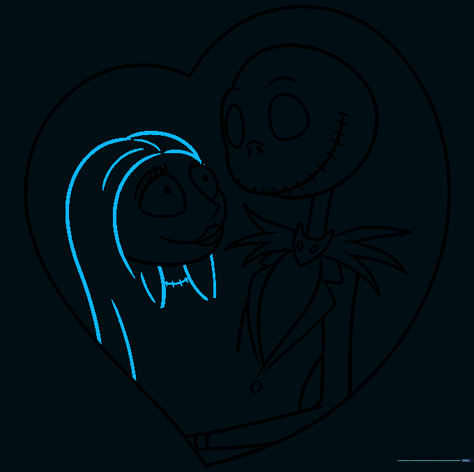 Adding hair texture and neck stitches to the Sally character drawing.