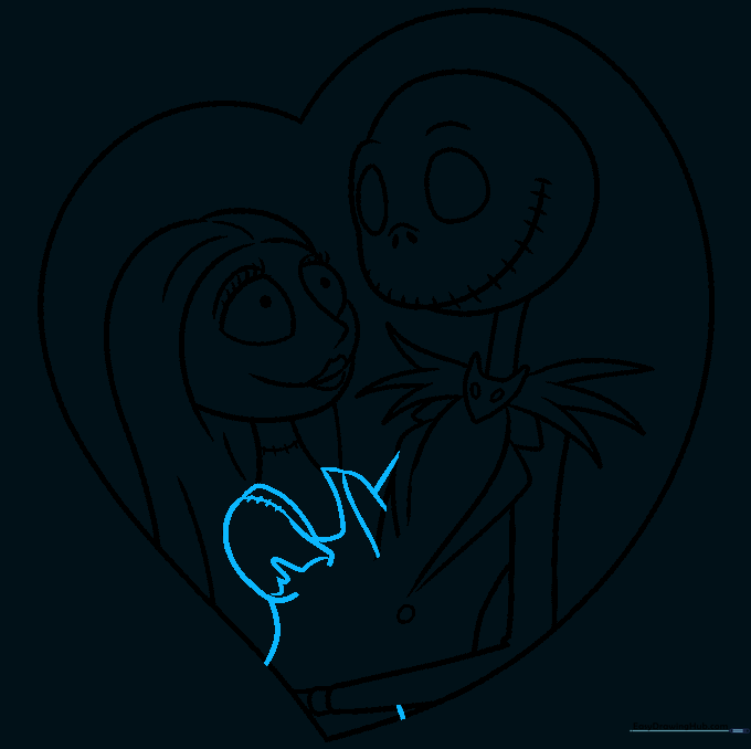 Outlining the patchwork dress and sleeves for the Sally character.