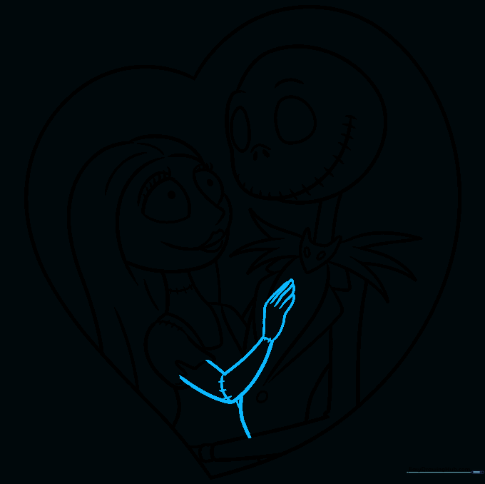 Drawing Sally's arms and hands with detailed stitch marks.