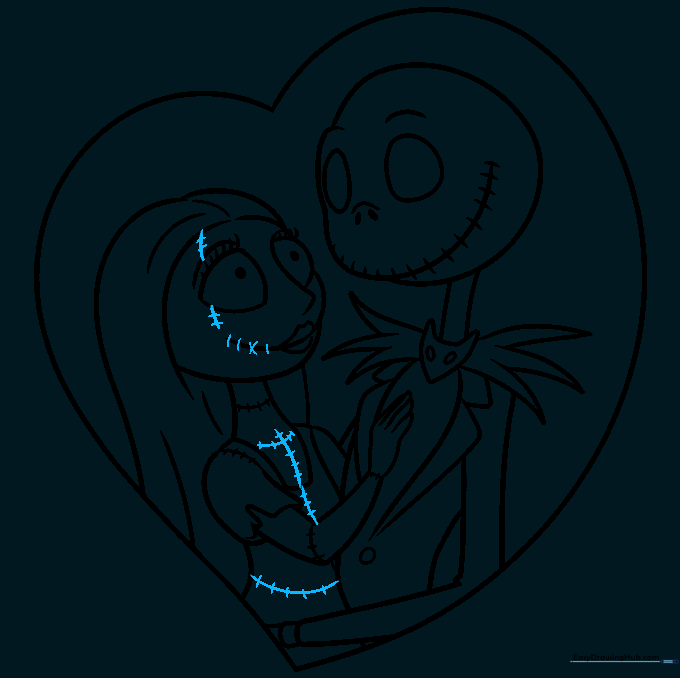 Adding final stitch details to Sally's face and clothing.