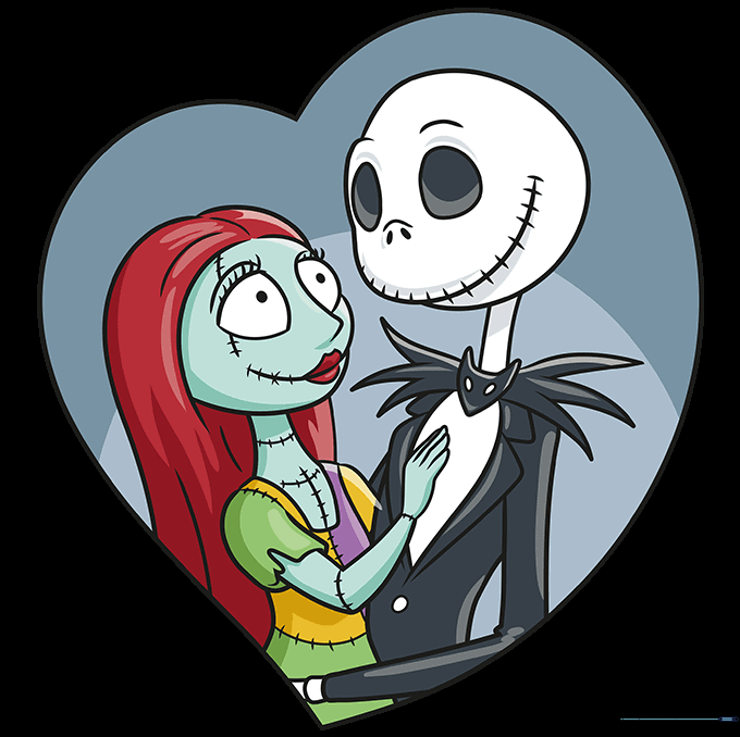 Final colored drawing of Jack and Sally from The Nightmare Before Christmas.