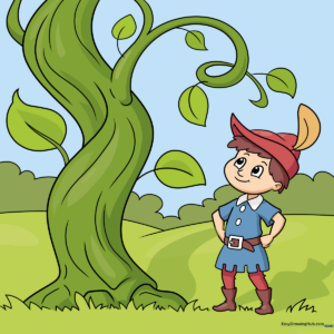 Colorful, completed drawing of Jack and the Beanstalk, showcasing the character and the magical plant.