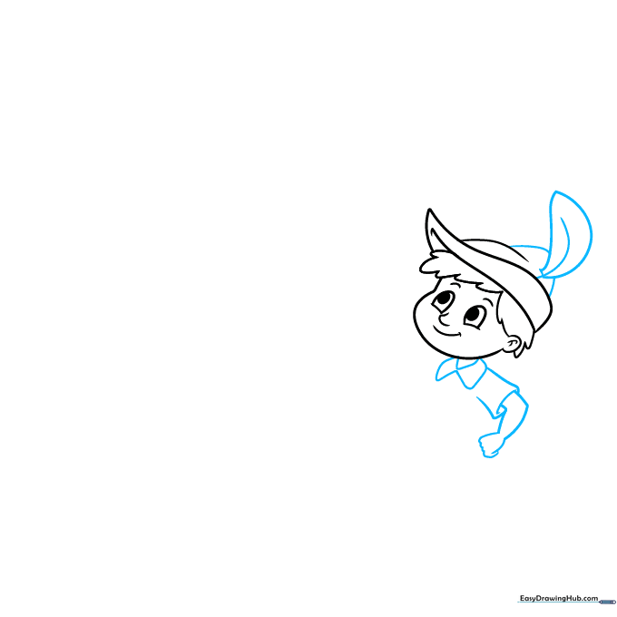 Drawing the hat feather and the character's collar and shoulder lines.