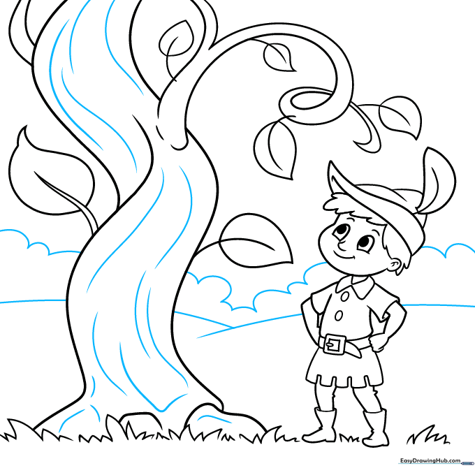 Finalizing the drawing with background hills and trunk texture.