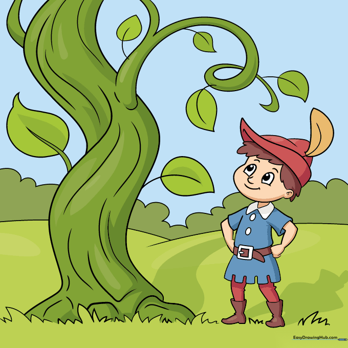 Finished, colored illustration of Jack standing next to his magical beanstalk.