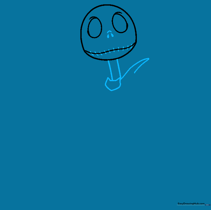 Jack Skellington drawing showing the addition of a stitched mouth line, teardrop nose, and neck structure.
