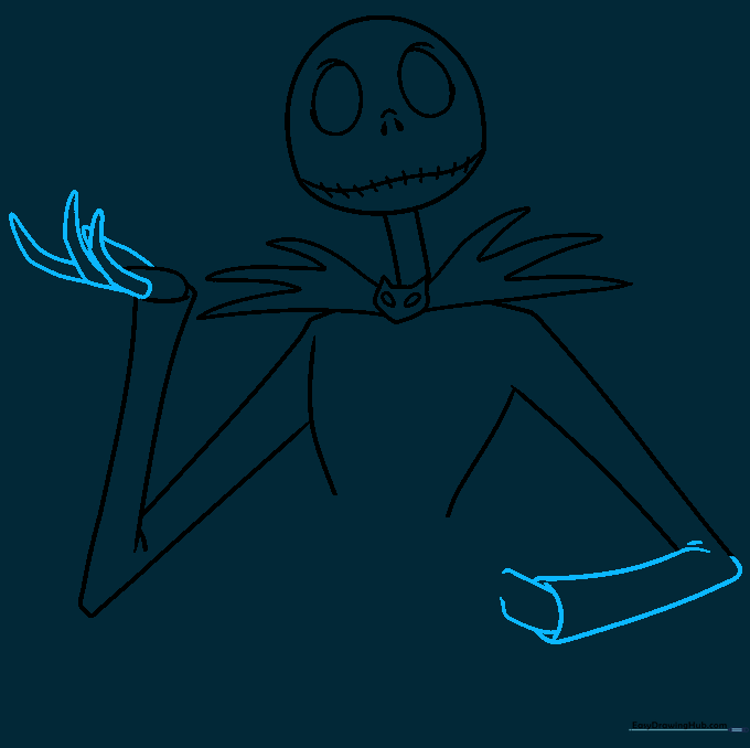 Drawing showing the addition of long, thin, overlapping finger shapes on the hands.