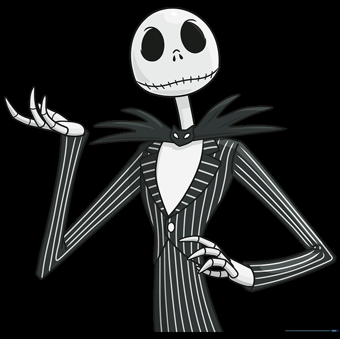 Final colored drawing of Jack Skellington with black suit and white pinstripes.