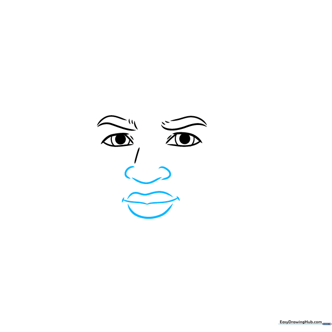 Detail sketch showing the nose and mouth placement on the face.