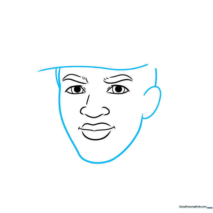 Outline of the face shape, ear, and the start of the baseball cap.