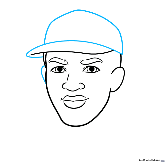 Drawing the full crown of the baseball cap and the ear detail.