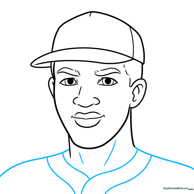 Sketching the shoulders and the V-neck collar of the baseball uniform.