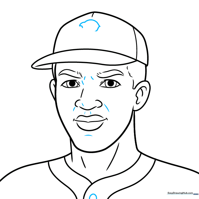 Adding facial contours and the start of the letter B logo on the cap.