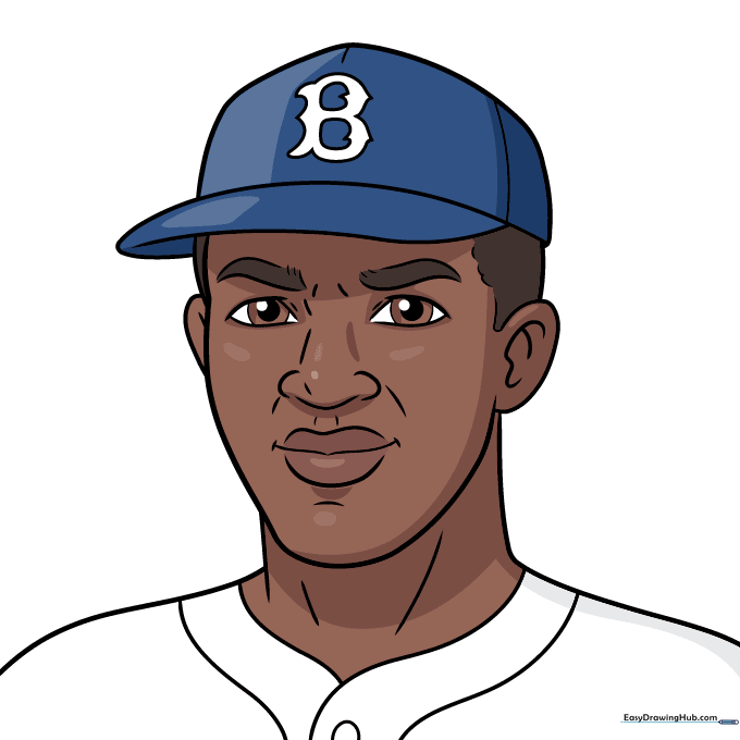 Finished, colored portrait of Jackie Robinson in his team uniform.