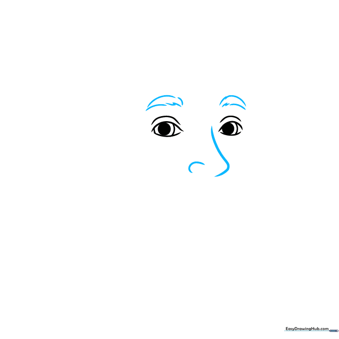 Drawing the eyebrows and the bridge of the nose using simple curved lines.