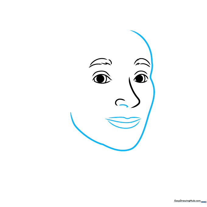 Outlining the jawline and adding the mouth details to the face sketch.