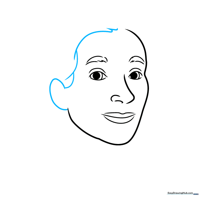 Adding the ear and hair framing the face using curved strokes.