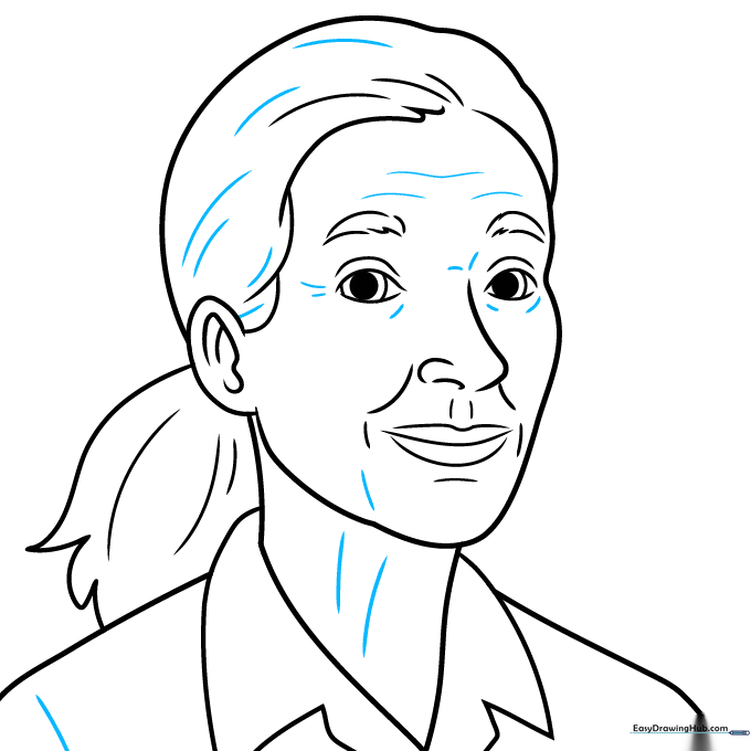 Refining the portrait with hair texture and facial detail lines.