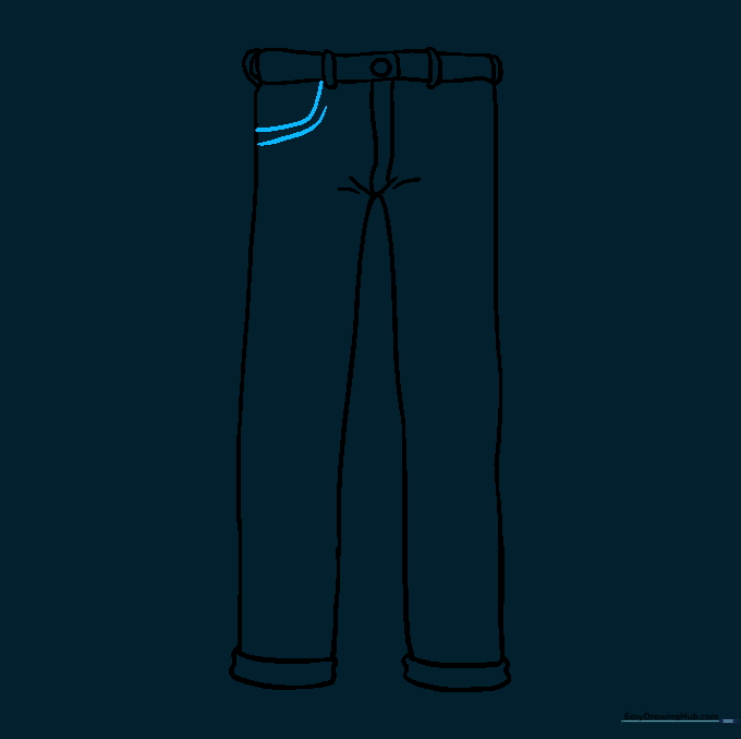 A detailed view of the front pocket being drawn on the left side of the jeans.